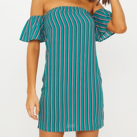 PRETTY LITTLE THING Green Bardot Smock Dress 0 - Picture 7 of 8